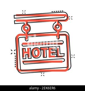 Icône de l'enseigne de l'hôtel en style comique. Illustration vectorielle Inn sur fond blanc isolé. Information sur la chambre de l'auberge Splash Effect Business concept. Illustration de Vecteur