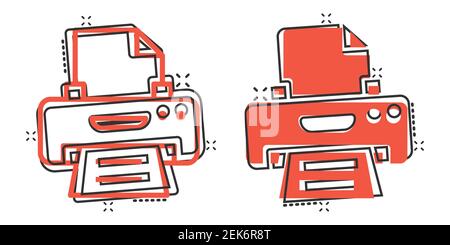 Icône imprimante de bureau en style comique. Illustration vectorielle de la bande dessinée de télécopie sur fond blanc isolé. Concept commercial impression de texte effet de destruction. Illustration de Vecteur