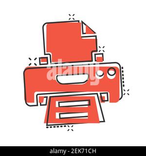 Icône imprimante de bureau en style comique. Illustration vectorielle de la bande dessinée de télécopie sur fond blanc isolé. Concept commercial impression de texte effet de destruction. Illustration de Vecteur