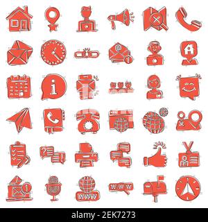 Contactez-nous Icon Set en style comique. Illustration vectorielle de communication mobile sur fond blanc isolé. Appel téléphonique effet splash affaires c Illustration de Vecteur