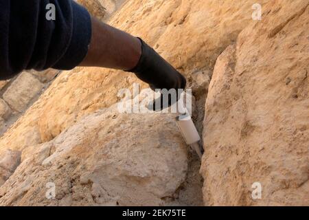 Un agent de préservation injecte un coulis liquide à base de calcaire dans les fissures des pierres vieilles de 2,000 ans du mur de l’Ouest pour les préserver et les renforcer le 23 février 2021, à Jérusalem, en Israël. Les conservateurs de l'Autorité des Antiquités d'Israël ont commencé le travail de conservation pour préparer le mur occidental pour la Pâque. Cette section du mur de soutènement du complexe du Mont du Temple est inspectée et nettoyée deux fois par an, une fois avant la Pâque et l'autre fois avant Rosh Hashanah la nouvelle année juive. Banque D'Images