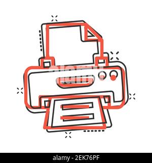 Icône imprimante de bureau en style comique. Illustration vectorielle de la bande dessinée de télécopie sur fond blanc isolé. Concept commercial impression de texte effet de destruction. Illustration de Vecteur