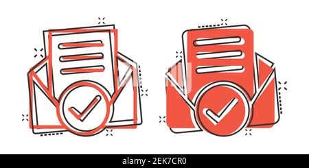 Enveloppe avec icône de document confirmé dans le style comique. Vérifiez l'illustration du vecteur de dessin animé sur un arrière-plan blanc isolé. Recevez des activités d'effet de destruction Illustration de Vecteur