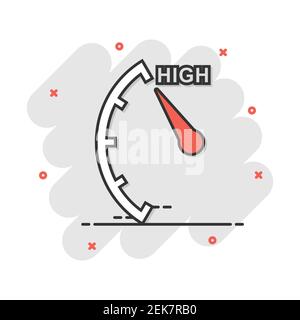 Icône de haut niveau de dessin animé en style comique. Pictogramme de l'indicateur de vitesse et du compte-tours. Concept commercial de destruction de compteur de risques. Illustration de Vecteur