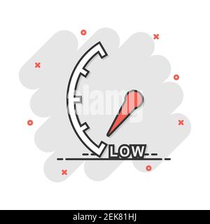 Icône de bas niveau de dessin animé en style comique. Pictogramme de l'indicateur de vitesse et du compte-tours. Concept commercial de destruction de compteur de risques. Illustration de Vecteur