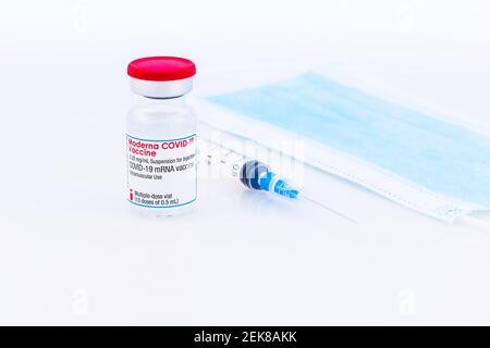 Brasov, Roumanie - 21 février 2021 : vaccin Moderna Covid-19 sur fond blanc. Banque D'Images