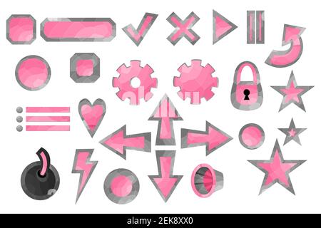 Grand ensemble d'éléments de jeu isolés sur fond blanc. Conception 2D pour jeux informatiques. Symboles et icônes. Collection de boutons pour jouer à des jeux et des applications Illustration de Vecteur