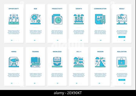 Illustration du vecteur de productivité, de recrutement et d'éducation des entreprises. UX, écran de la page d'application mobile d'intégration d'interface utilisateur avec recrutement des employés de responsable hiérarchique, technologie de formation pour un travail de bureau productif Illustration de Vecteur