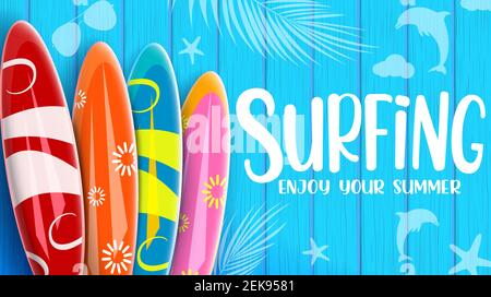 Bannière vectorisé pour le surf d'été. Surf Profitez de votre texte d'été avec des éléments de surf colorés dans un fond de texture en bois bleu. Illustration de Vecteur