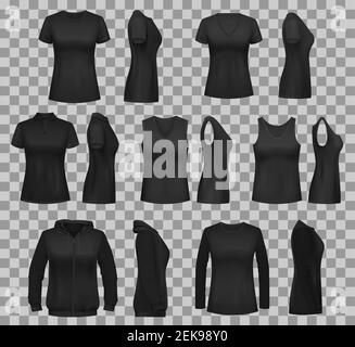 Modèles vectoriels de chemise noire avec maquettes 3D vierges de vêtements pour femmes. Vue avant et latérale d'un polo sans manches, d'un sweat-shirt et d'un shir à manches longues Illustration de Vecteur