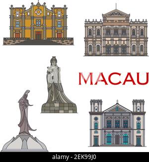 Sites touristiques des icônes vectorielles de Macao. Cathédrale de la Nativité de notre-Dame, statues de la Déesse Mazu et de la Déesse Kun IAM dans le temple A-Ma, Illustration de Vecteur