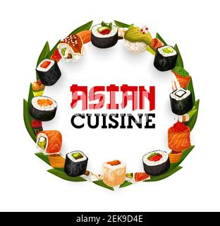 Rouleaux de sushis japonais, affiche vectorielle de plats de fruits de mer asiatiques. Saumon, riz et algues hosomaki, rouleaux de philadelphie et de californie, caviar gunkan, tu Illustration de Vecteur