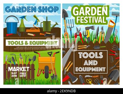 Matériel de jardinage, outils de plantation d'agriculteurs et affiches de magasin de jardin. Râteaux d'agriculture vectorielle, sécateurs d'arbres ou bêche d'agriculteur et de jardinier, wat Illustration de Vecteur