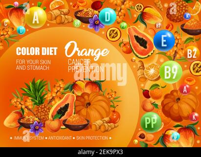 Régime alimentaire de couleur alimentation saine, vitamines et minéraux orange. Vecteur naturel fruits biologiques, baies et épices de couleur orange régime pour le cancer pré Illustration de Vecteur