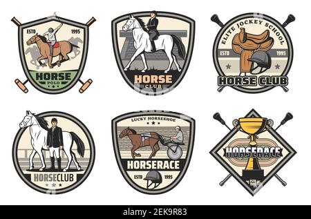 Badges vectoriels de sports équestres pour les clubs de course, de polo et d'équitation. Cheval de course, jockey et coupe trophée gagnant, casque de cavalier, selle et hippodrom Illustration de Vecteur