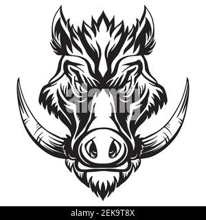 Mascotte. Tête de vecteur de boar. Illustration noire du danger cochon sauvage isolé sur fond blanc. Pour la décoration, l'impression, le design, le logo, les clubs sportifs, tat Illustration de Vecteur