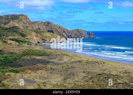 Dunes de sable et une péninsule rocheuse à Bethells Beach, dans la pittoresque région ouest d'Auckland, Nouvelle-Zélande Banque D'Images