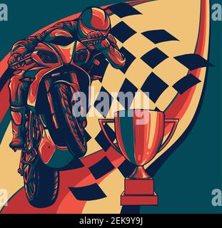 Coureurs sur moto sportive avec coupe et drapeau de course Illustration de Vecteur