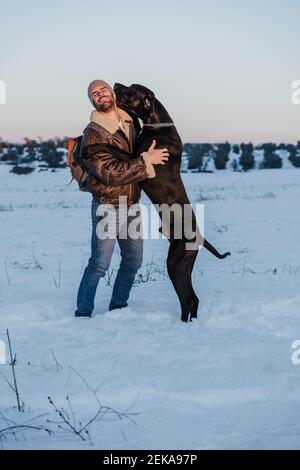 Chien amusant de grand Dane pendu sur l'homme dans la neige contre ciel dégagé Banque D'Images