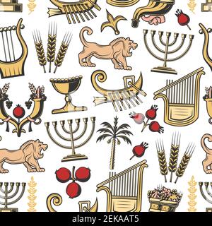 Israël modèle sans couture de symboles juifs traditionnels. Toile de fond vectorielle des bougies Hanoukah Menorah, cornucopia avec grenade et lion de Juda, harpe Illustration de Vecteur