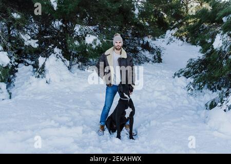 Homme avec chien debout dans la neige terrain couvert contre les arbres Banque D'Images