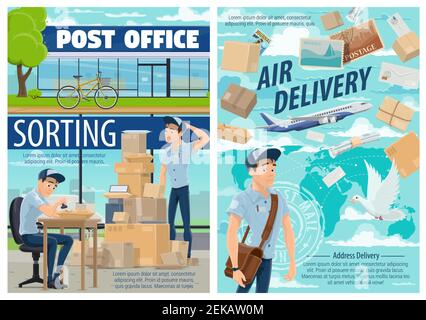 Livraison du courrier et poste. Vecteur de courrier au centre de tri avec timbre-poste, livraison aérienne mondiale de colis, enveloppes et lettres o Illustration de Vecteur