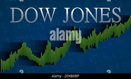 L'indice boursier américain Dow Jones ne cesse d'augmenter. Le graphique à barres ascendantes vertes sur fond bleu avec le titre en argent indique un... Banque D'Images