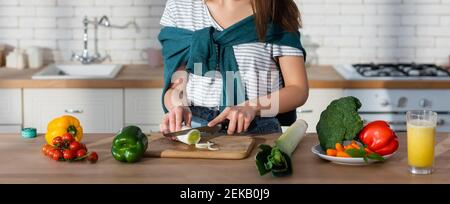 vue rognée de la femme préparant le petit déjeuner de légumes dans la cuisine, bannière Banque D'Images