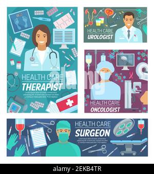 Médecins d'hôpitaux, personnel de cliniques médicales et équipement de traitement. Vector Health thérapeute, urologue cathéter de vessie, chirurgien table d'opération et cuir chevelu Illustration de Vecteur