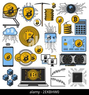 Bitcoin crypto-monnaie, extraction de l'argent numérique et technologie blockchain. Crypto-vecteur monnaie bit pièces monnaie, clé d'ordinateur de mineur numérique, finance Illustration de Vecteur