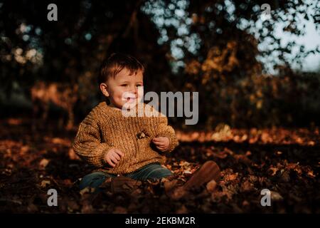 Mignon petit garçon souriant assis au milieu de feuilles d'automne sèches dans la forêt pendant le coucher du soleil Banque D'Images