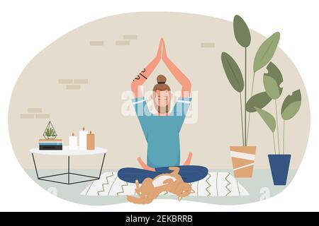 Méditation de yoga à la maison illustration de vecteur. Dessin animé jeune homme yogiste personnage assis en position lotus, méditant, pratiquant la tranquillité et zen, animal domestique de chat allongé autour isolé sur blanc Illustration de Vecteur