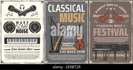 Instruments de musique affiches rétro de festival de musique classique, de concert en direct ou de dessin vectoriel de spectacle. Piano, violon et harpe, notes musicales, microphones et Illustration de Vecteur