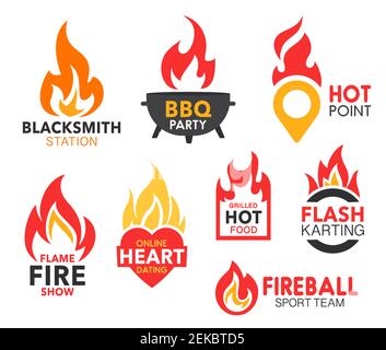 Symboles de vecteur de flamme de feu de boules de feu chaudes et de feu brûlant. Fête barbecue, équipe de sport et de nourriture grillée, spectacle de feu, point chaud et en ligne de rencontres de coeur, blac Illustration de Vecteur