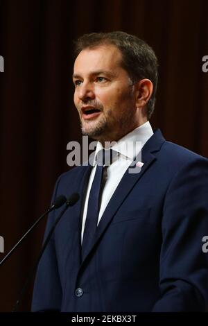 Le Premier ministre slovaque Igor Matovic prend la parole lors d'une conférence de presse. Sommet des chefs de gouvernement du Groupe de Visegrad (V4) à l'occasion du Banque D'Images