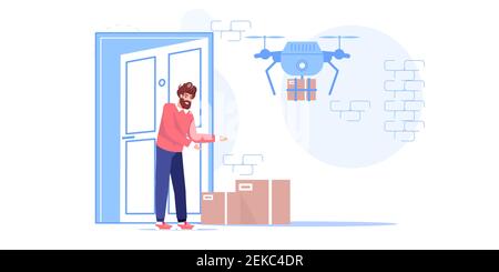 Personnage de dessin animé plat recevant des achats en ligne, drone livraison service illustration de vecteur concept Illustration de Vecteur