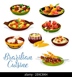 Cuisine brésilienne plats de viande et de fruits de mer design vectoriel. Bœuf grillé sur des brochettes de churasco, du riz au poisson, du ragoût de haricots feijoada et de la morue moqueca aux crevettes, du maïs Illustration de Vecteur