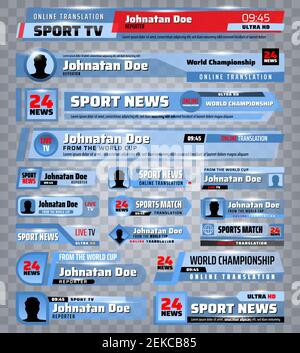 TV news troisième bandeau inférieur et barres 3D vecteur conception. Diffusion de vidéos de sport et d'émissions en direct, de nouvelles de rupture et de fausses nouvelles streaming traduction titre temp Illustration de Vecteur