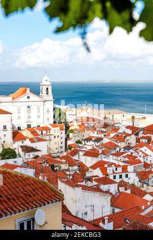 Portugal, Lisbonne, vue sur les bâtiments d'Alfama depuis Miradouro de Santa Luzia Banque D'Images