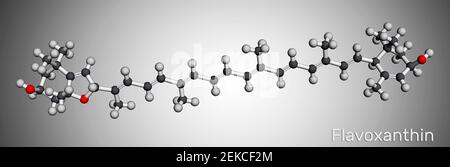 Molécule de Flavoxanthine. Il s'agit d'un pigment de couleur jaune doré de xanthphylle, additif alimentaire E161a. Modèle moléculaire. Rendu 3D. Illustration 3D Banque D'Images