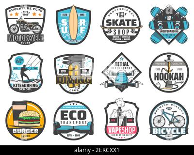 Badges vectoriels d'activités de loisirs de sport, de voyage et d'aventure, de divertissement et de passe-temps. Clubs de moto, vélo ou gyro, surf, patinage, sno Illustration de Vecteur