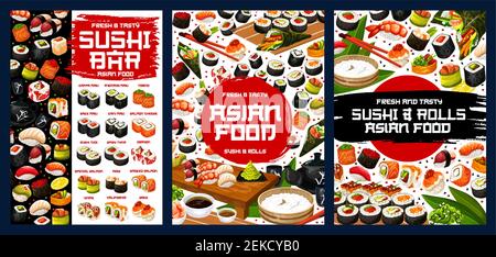 Menu sushi de cuisine japonaise, petits pains au restaurant, sushis nigiri et temaki, design asiatique vecteur de nourriture. Riz, poisson et fruits de mer maki, saumon, thon et shri Illustration de Vecteur