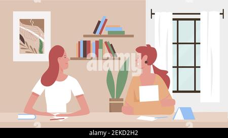 Les filles communiquent à la maison illustration de vecteur. Caricature jeune femme amis personnages assis à la table d'étude avec des livres, étudier et communiquer ensemble, amitié communication scène arrière-plan Illustration de Vecteur