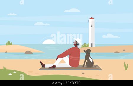 Homme propriétaire d'animal de compagnie assis sur la plage de mer avec l'illustration de vecteur ami de chien. Caricature jeune homme heureux personnage se relaxant avec son propre chien en bord de mer avec coucher de soleil, phare sur fond d'île Illustration de Vecteur