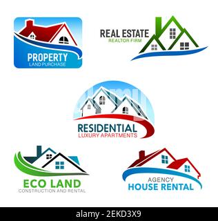 Symboles vectoriels de construction, immobilier et agence de location avec maisons. Accueil icônes isolées des bâtiments avec des toits de mansarde et des fenêtres. IDE d'entreprise Illustration de Vecteur