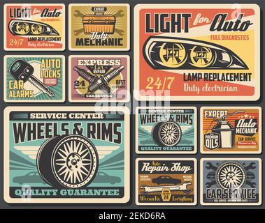 Affiches rétro sur les pièces de rechange pour l'atelier de réparation automobile et d'entretien de voitures, les pneus de roues et les jantes de véhicules. Huile pour moteur Vector, clé et clé, boîte à outils mécanique, Spark Illustration de Vecteur