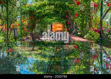 Bancs et tables sous un tunnel de roses en Bulgarie Banque D'Images