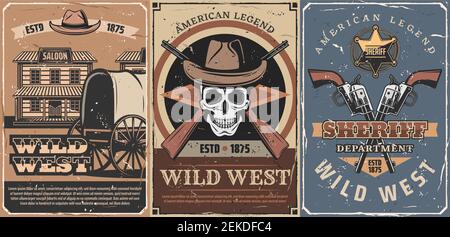 Affiches rétro Wild West American Legend. Crâne de cow-boy vectoriel, fusils de shérif et chapeaux en cuir, saloon de l'Ouest, carabines, badge d'étoile et ancienne voiturette, de Illustration de Vecteur