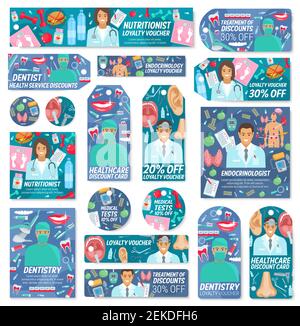 Clinique de médecine dentaire, endocrinologie, otolaryngologie et nutrilogie discount offre des étiquettes avec les médecins vecteurs et les outils médicaux. Personnel hospitalier, p Illustration de Vecteur