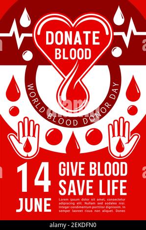 Don de sang 14 juin affiche de l'événement de responsabilité sociale et d'action caritative. Vecteur de conception médicale du coeur et de la goutte de sang pour le centre de bénévolat ou Illustration de Vecteur